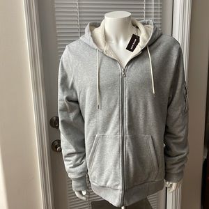 Michael Kors Sherpa Lined Heather Gray Front Zip Attached Drawstring Hoodie - XL